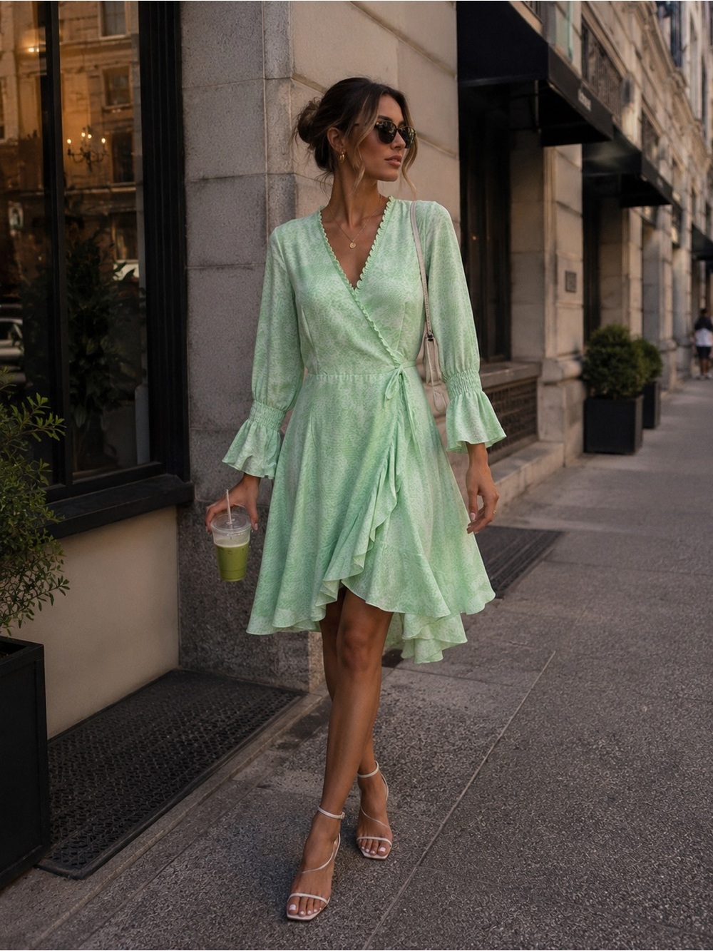 Tahari Light Mint Green Ruffled Asymmetrical Wrap Dress